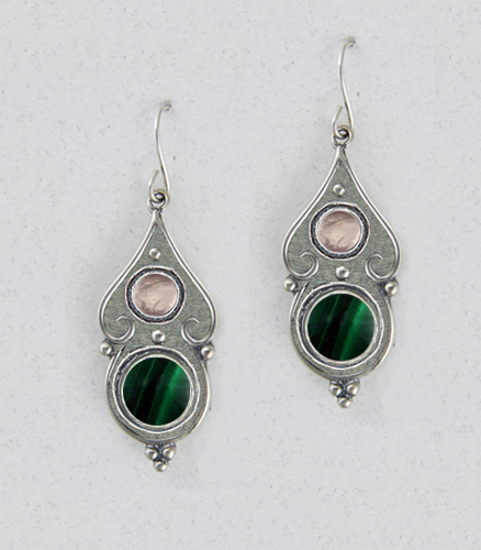 Sterling Silver Gothic Look With Malachite And Rose Quartz Gemstone Drop Dangle Earrings